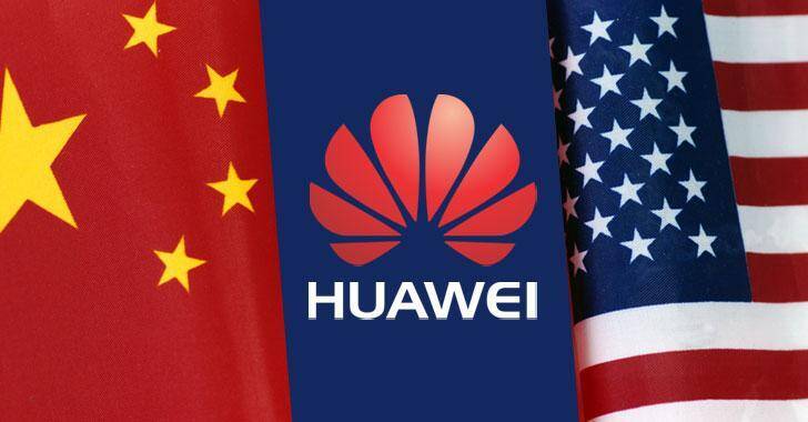 Флаг Китая, логотип Huawei и флаги США на фоне