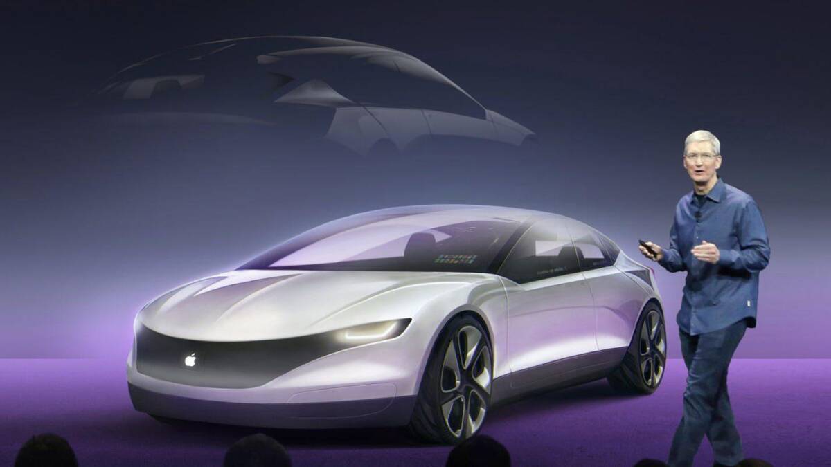 Hyundai представляет концепт Apple Car — электромобиль на сцене во время презентации Hyundai и Apple