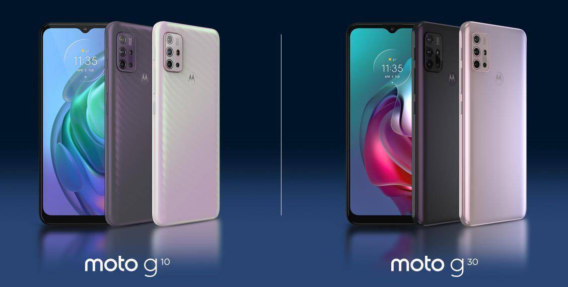 Смартфоны Motorola Moto G10 и Moto G30 спереди и сзади