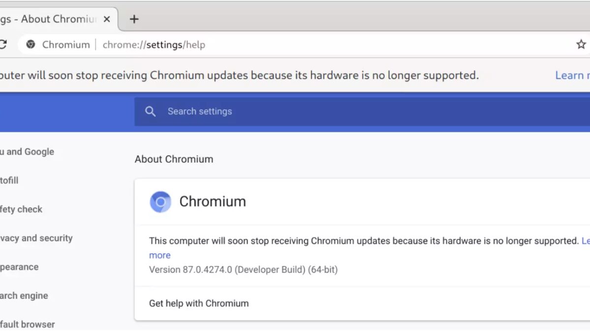 Настройки браузера Chrome с уведомлением о прекращении поддержки устаревшего оборудования