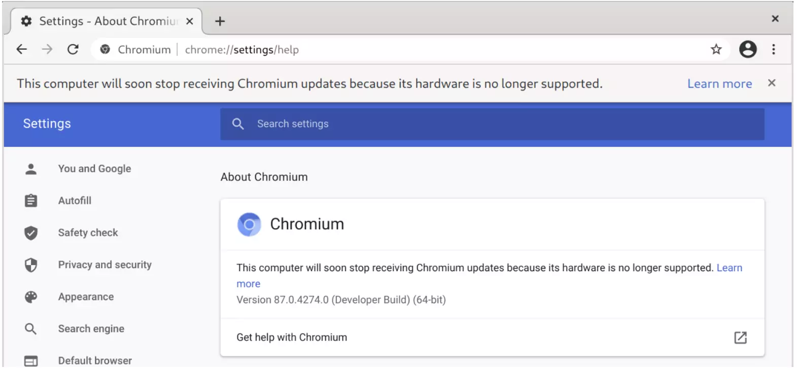 Google Chrome перестал работать на старых ПК 3 chrome warning