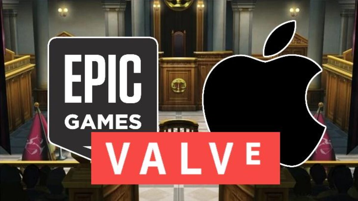 Логотипы Epic Games и Valve на фоне сеймского зала и логотип Apple