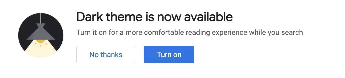 Объявление о включении тёмной темы в Google Chrome