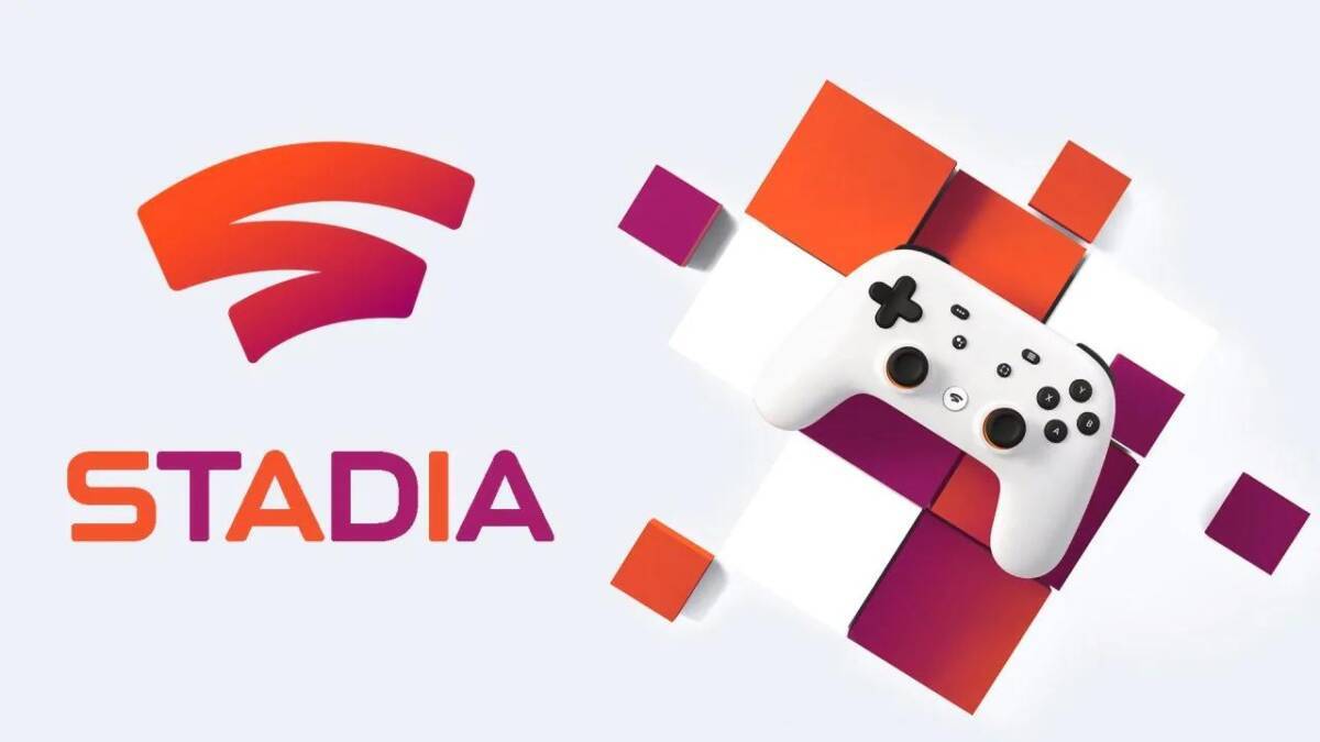 Логотип Google Stadia и игровой контроллер на белом фоне