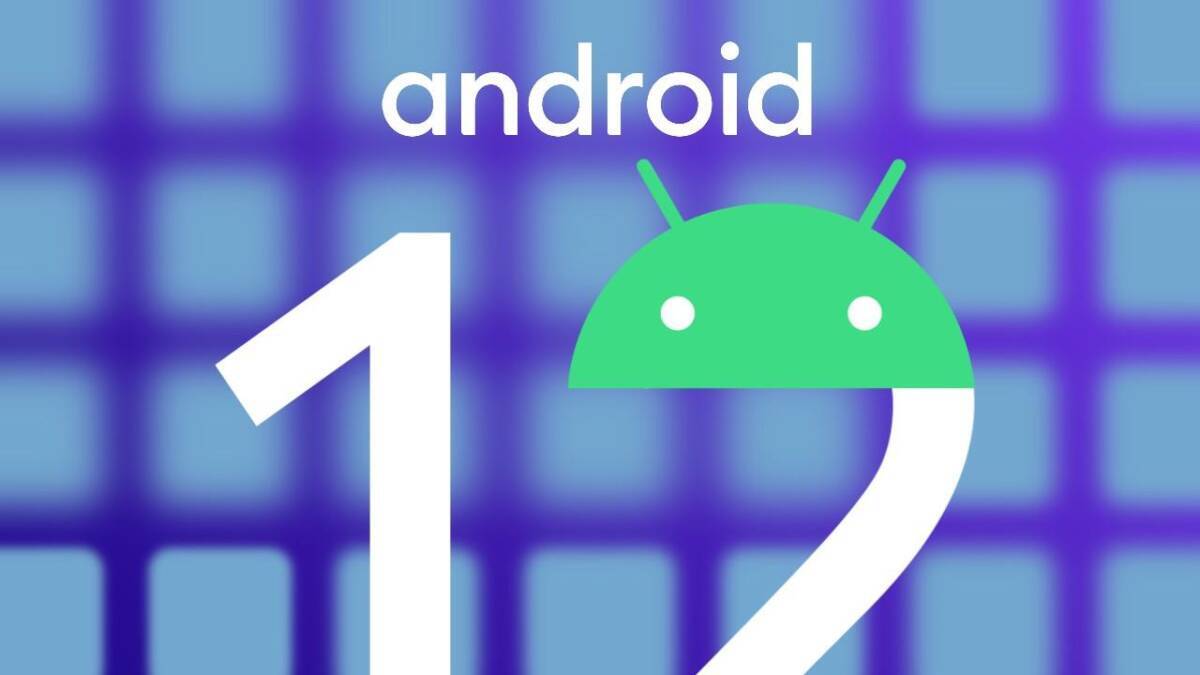 Логотип Android 12 с изображением зелёного робота на фоне