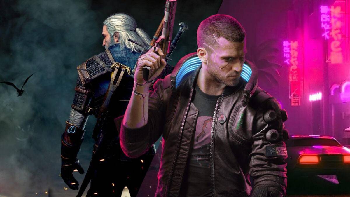 Неоновый фон с персонажами Cyberpunk 2077 и The Witcher 3 в киберпанк-стилистике