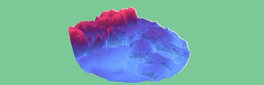 3D-модель Mu Cartographer с разноцветным рельефом на зеленом фоне