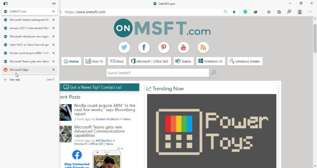 Вкладки браузера Microsoft Edge с вертикальным расположением элементов интерфейса