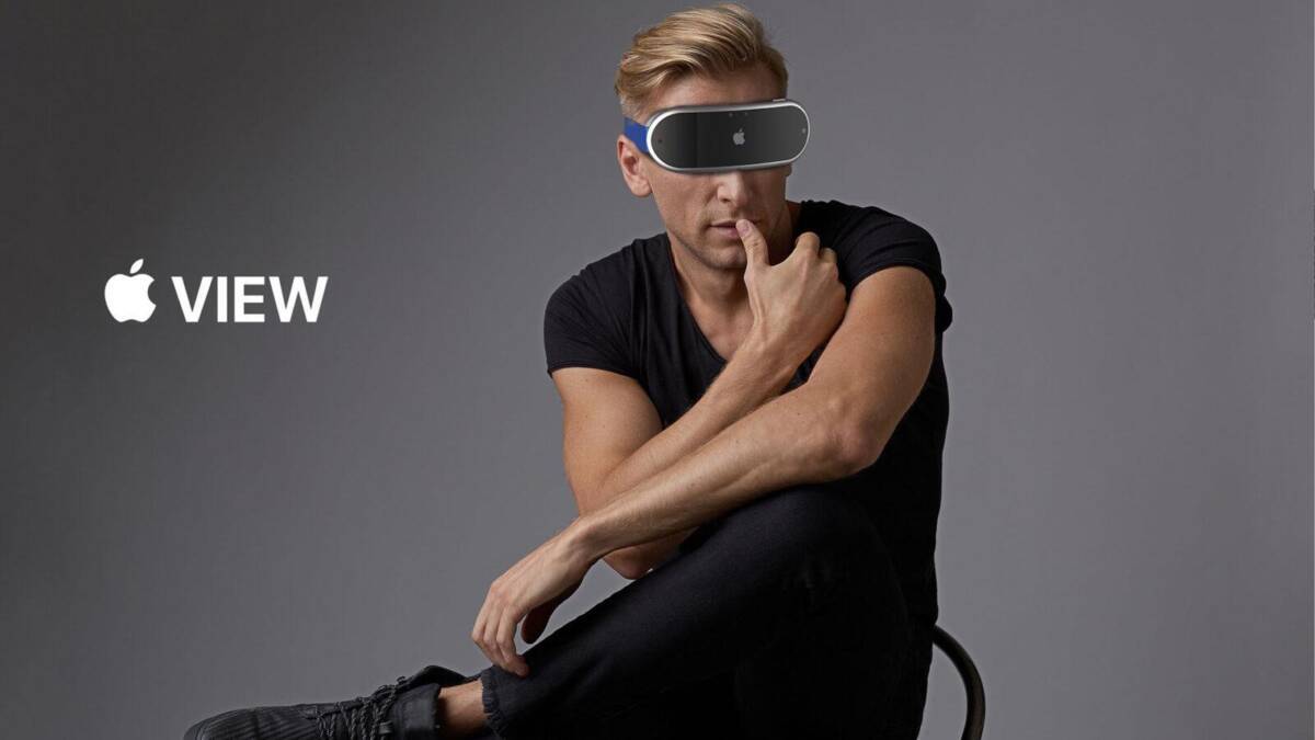 Концепт Apple View в VR: человек в гарнитуре Apple сидит на стуле в виртуальном пространстве