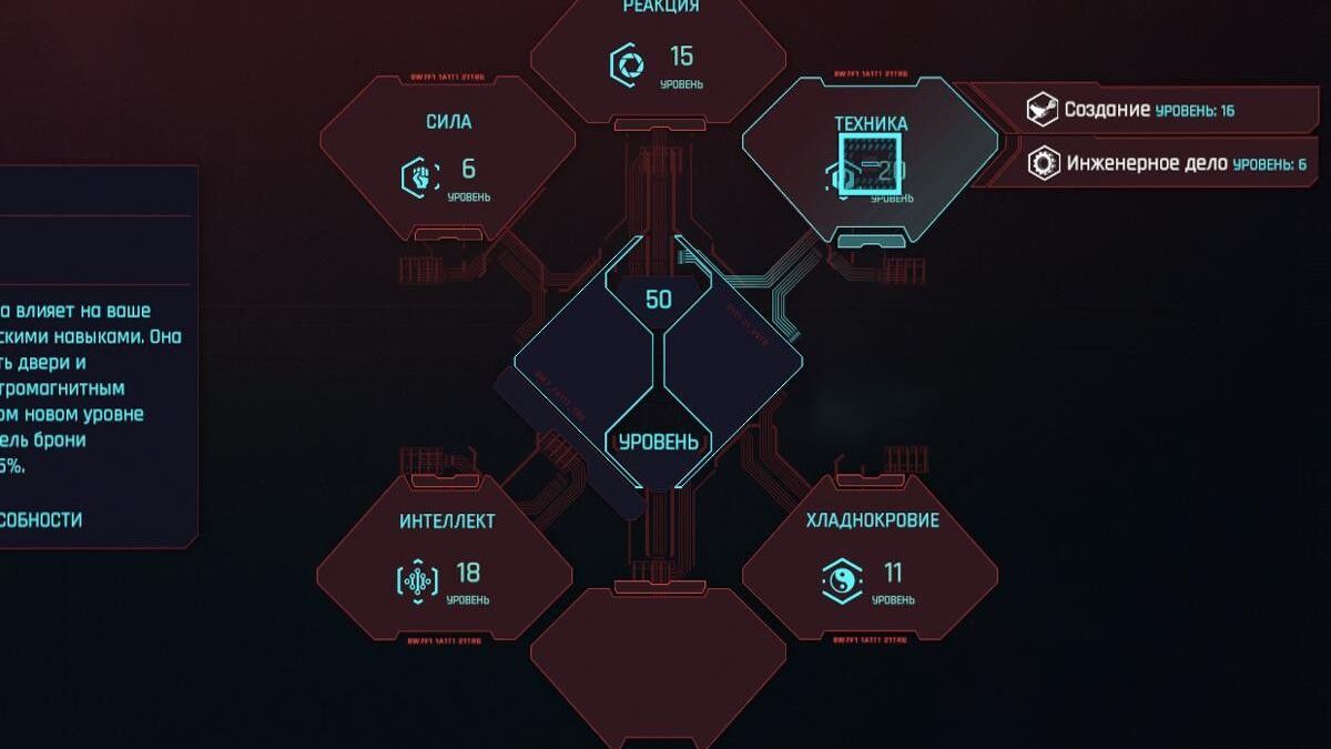 Экран интерфейса Cyberpunk 2077 с уровнями навыков
