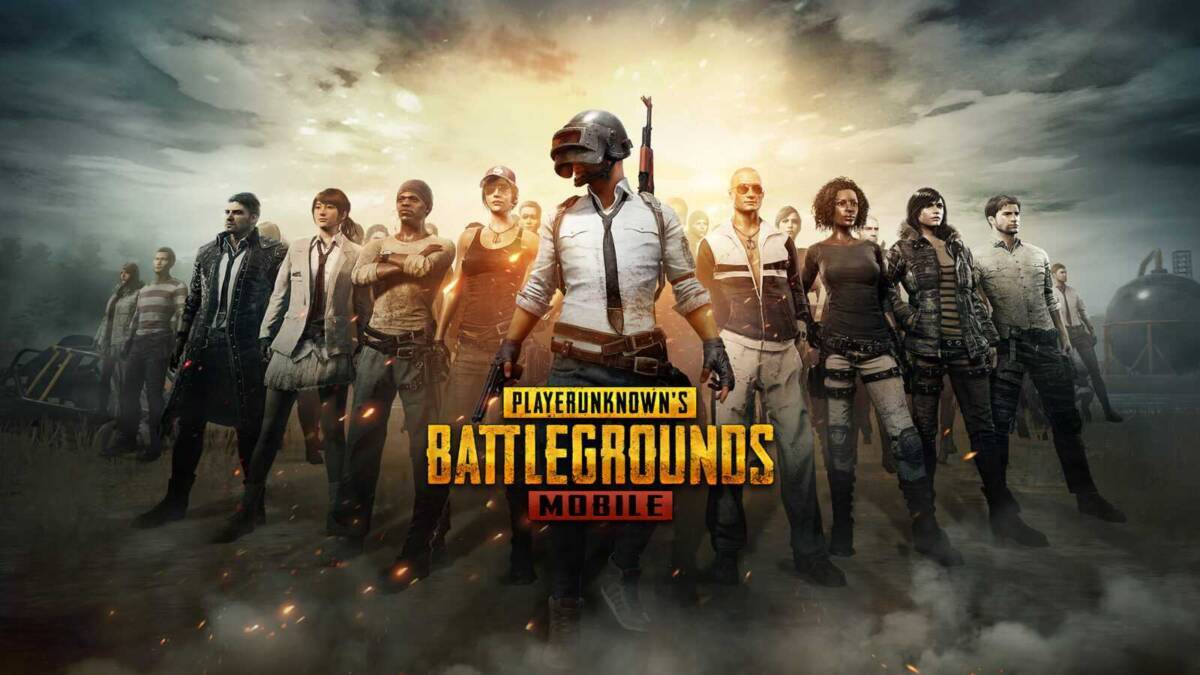 Постер PUBG Mobile: команда игроков на фоне в стиле королевской битвы