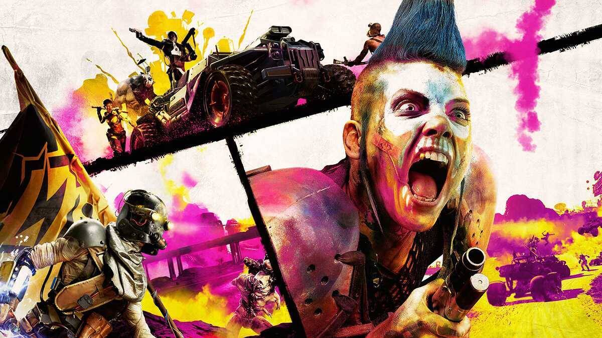 Яркая сценка из игры Rage 2 с боевыми сценами и героем с голубой прической