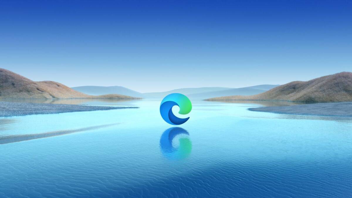 Microsoft Edge на компьютере: логотип и экран с вертикальными вкладками на фоне воды и гор