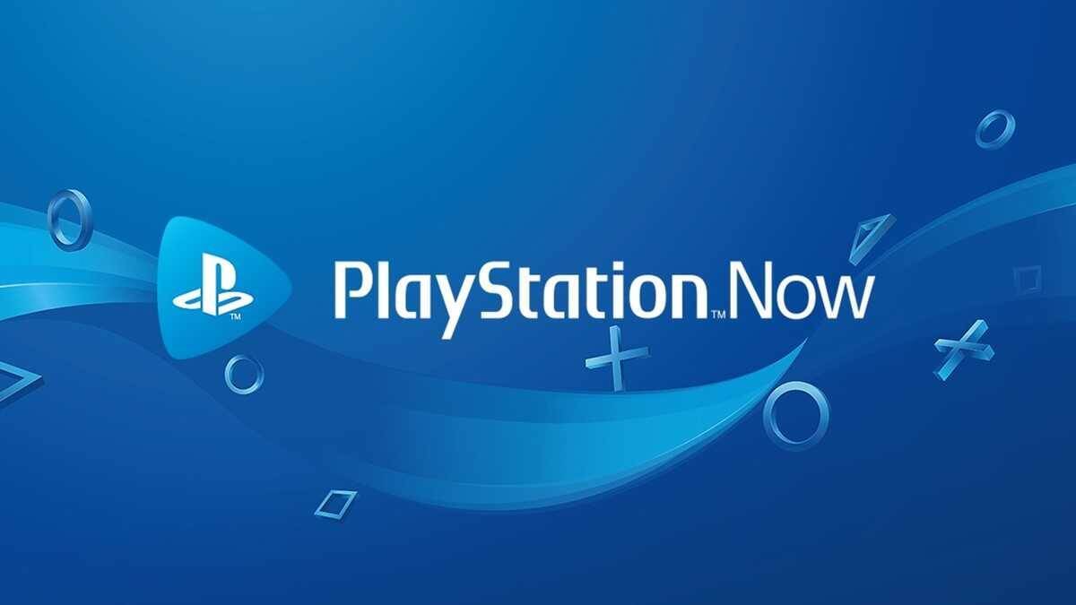 Логотип PlayStation Now на синем фоне с геометрическими фигурами