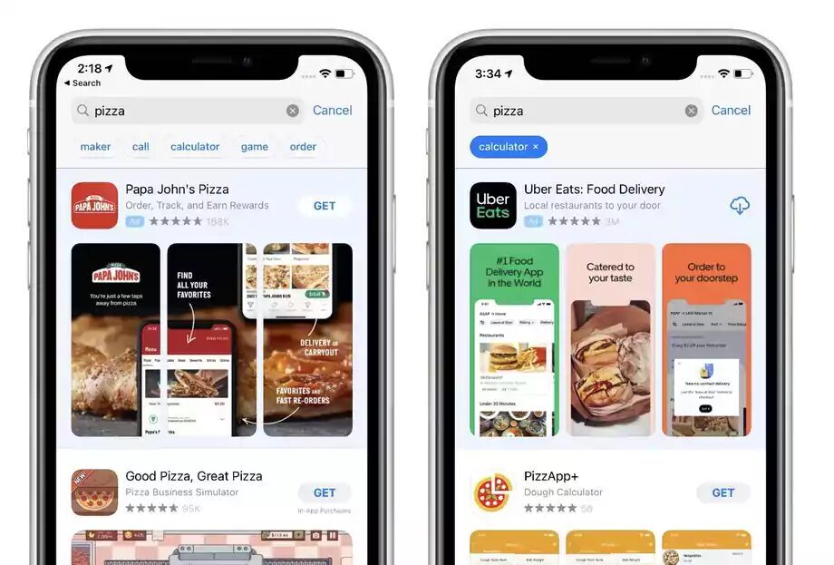 Экран смартфона с результатами поиска в App Store на тему пиццы и служб доставки еды