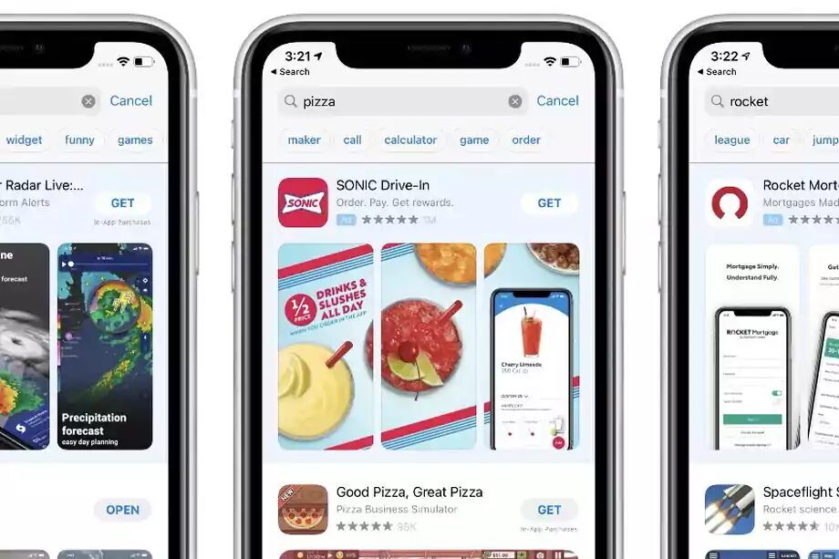 Экран iPhone с поиском приложений в App Store и результатами поиска по словам 'pizza' и 'rocket'