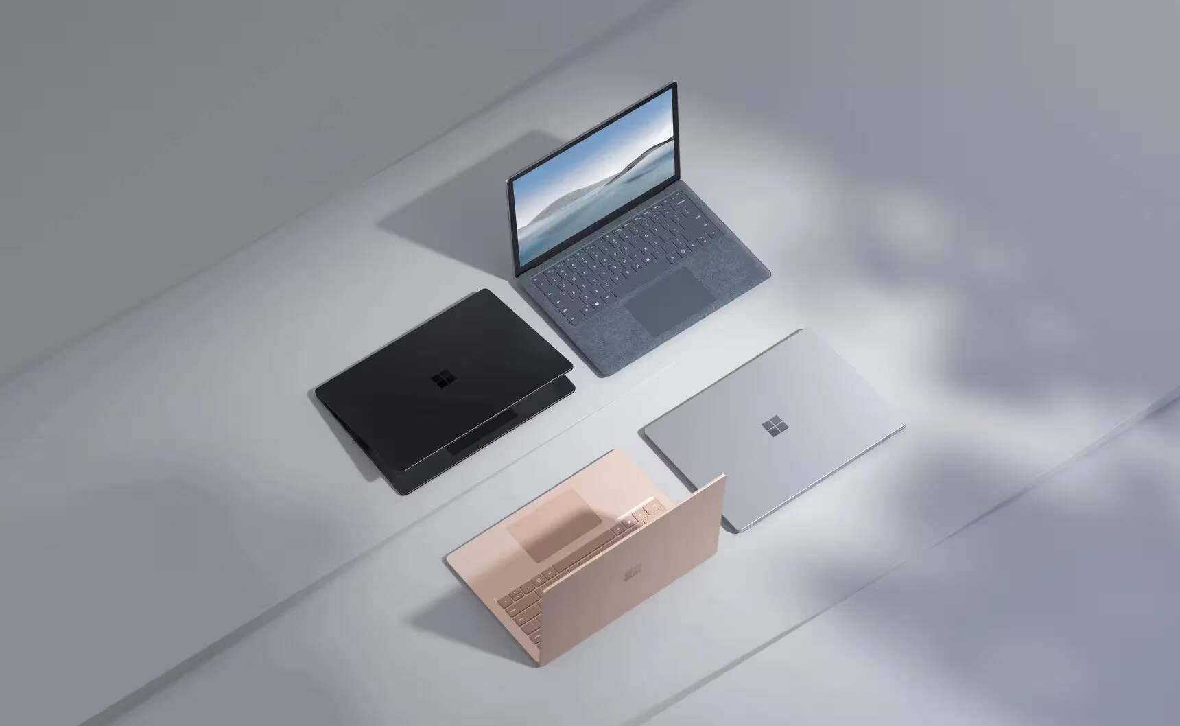 Microsoft представила обновлённые ноутбуки Surface Laptop 4 1 Набор ноутбуков Surface Laptop 4 разных цветов, вид сверху