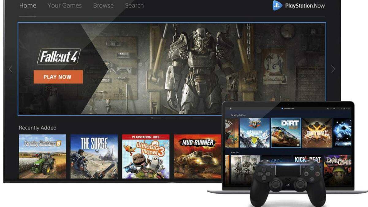 Экран PlayStation Now с интерфейсом выбора игр и контроллером для игр через ПК