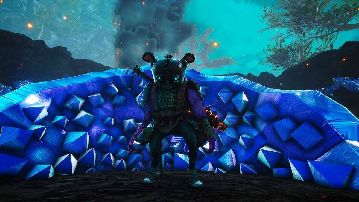 Главный герой Biomutant в костюме с ушами и рюкзаком возле сияющей геометрической конструкции