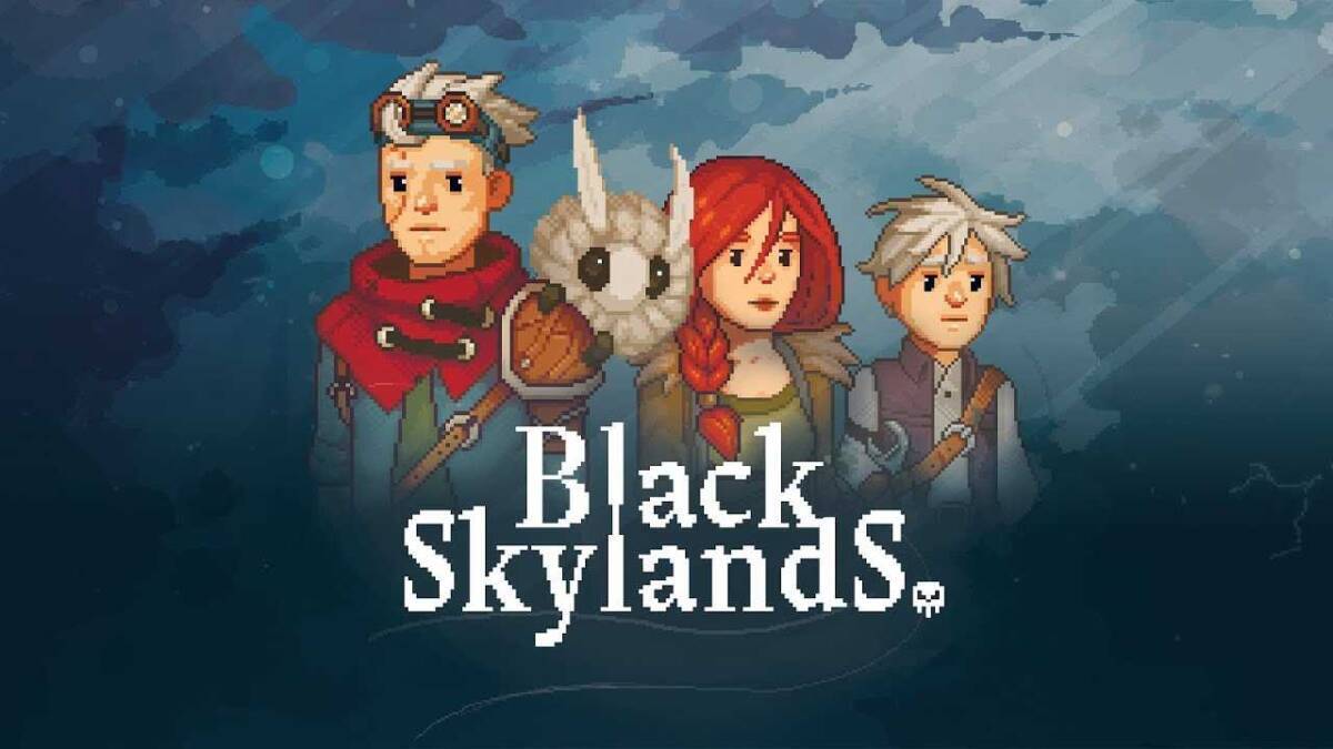 Пиксельные персонажи из игры Black Skylands на фоне неба с облаками и молниями