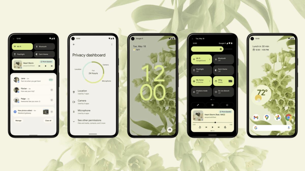 Экраны смартфонов с интерфейсом Android 12 в дизайне и настройках