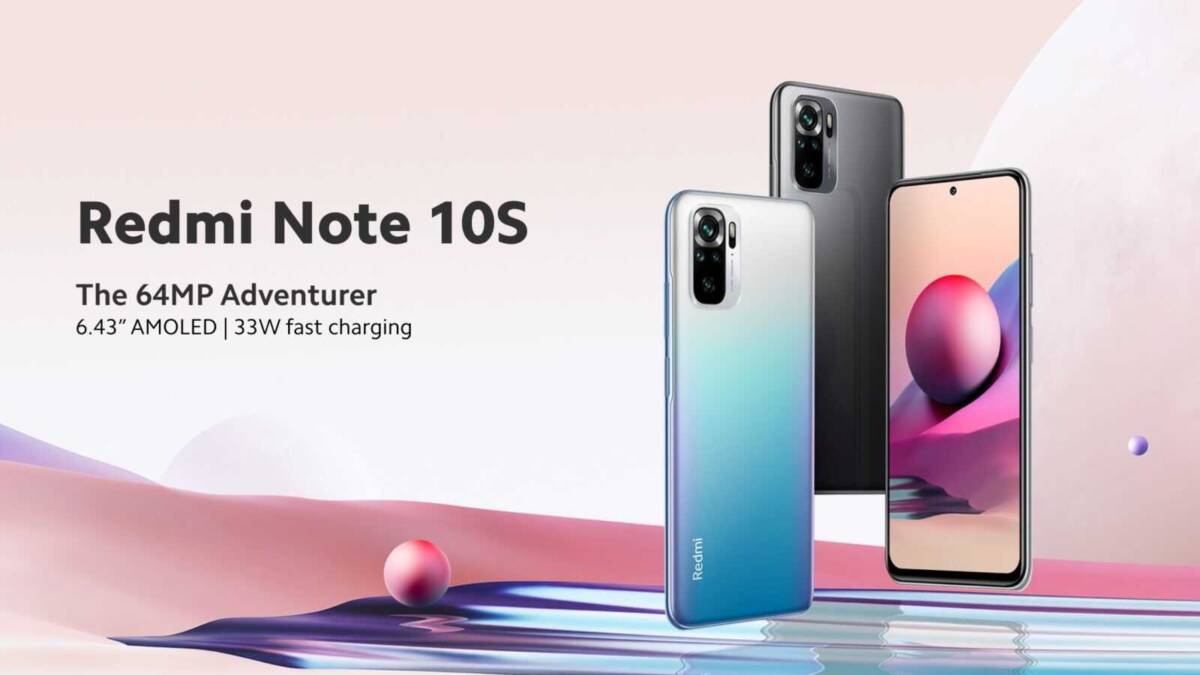 Рекламное изображение смартфона Redmi Note 10S с двумя задними камерами и экраном без рамки