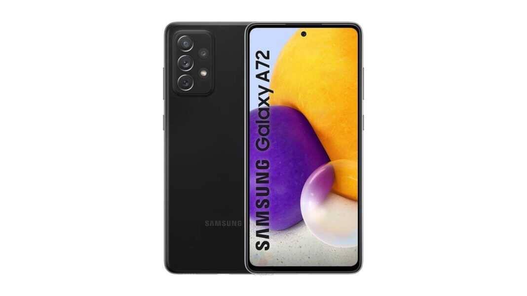 Черный смартфон Samsung Galaxy A72 сзади и спереди