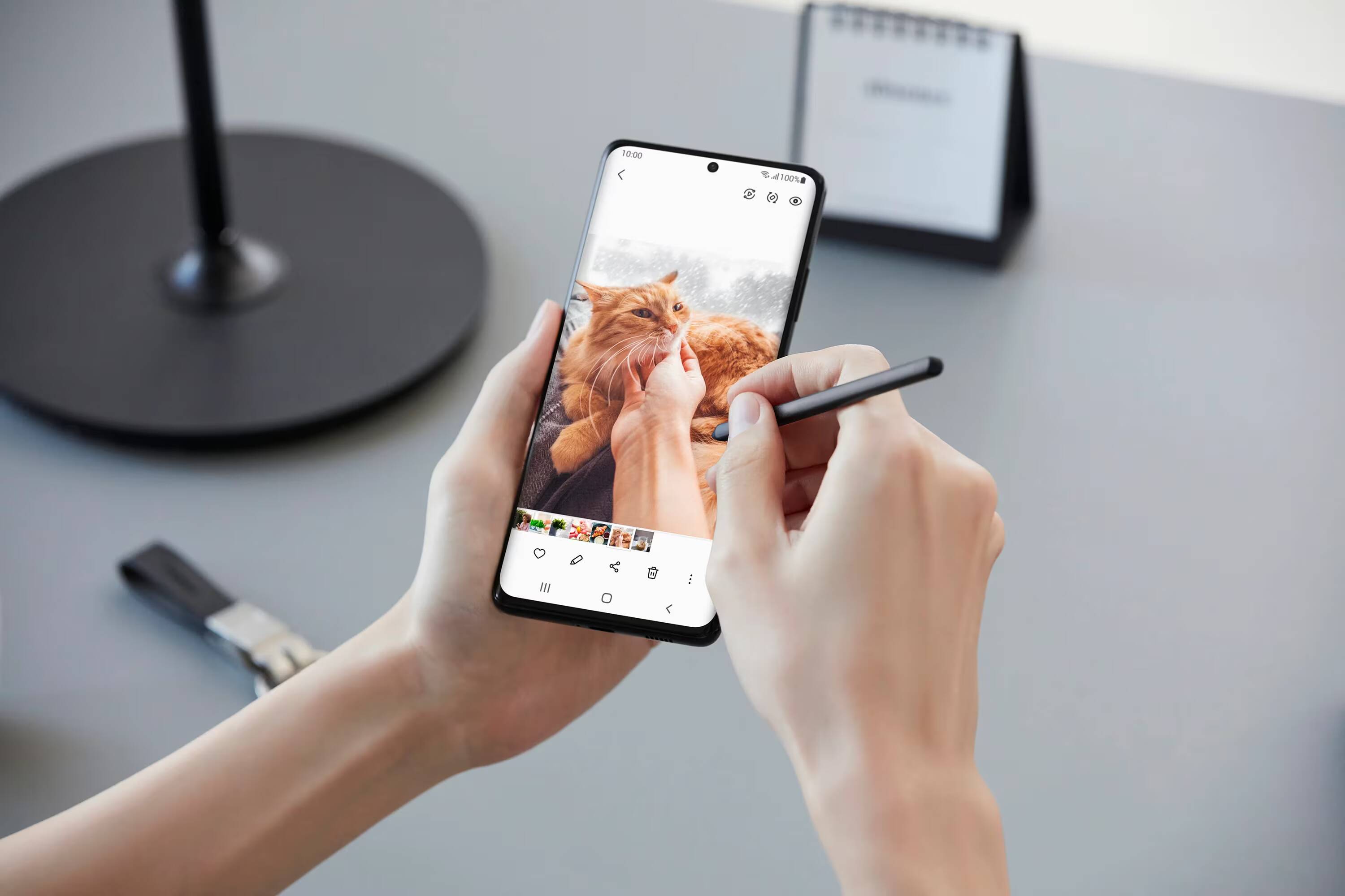 Смартфон Samsung Galaxy S21 с отображением фотографий кота