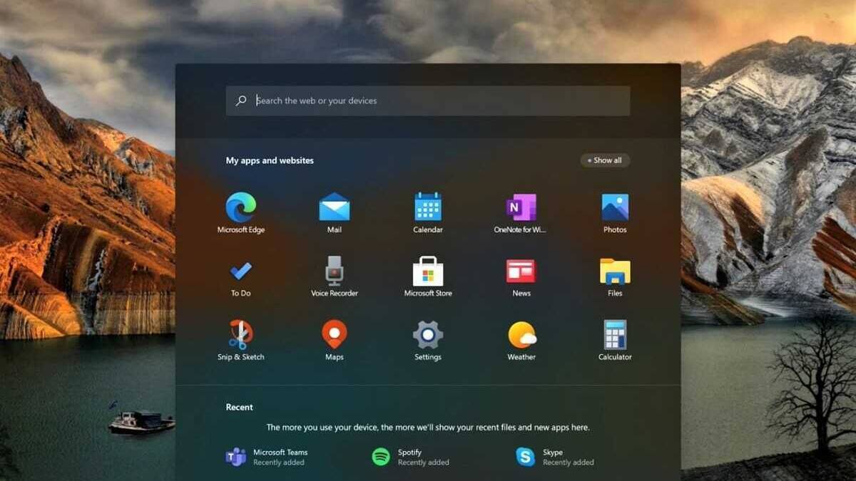Экран меню Пуск Windows 10X с плитками приложений и поиском Microsoft