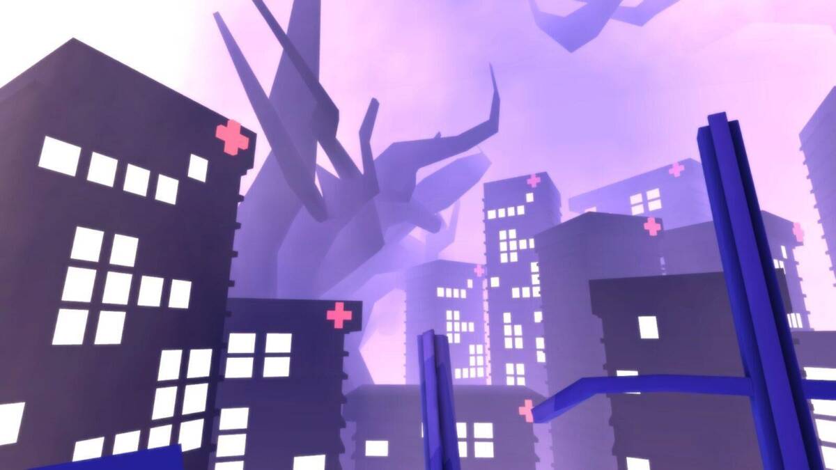 Обзор That Dragon, Cancer: История малыша Джоэла Грина 24 Видеодемонстрация игры That Dragon Cancer с городским пейзажем и крупными зданиями в стиле пиксель-арт
