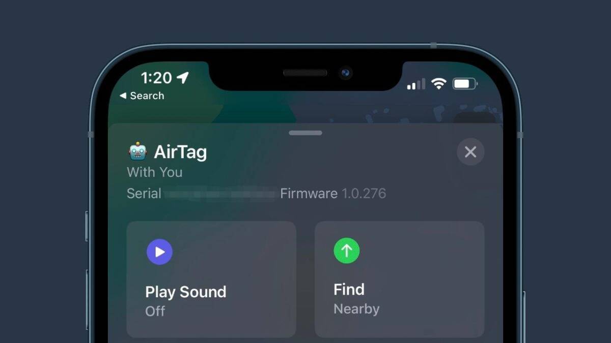 Экран настройки AirTag на iPhone с переработанными элементами управления в новой прошивке Apple