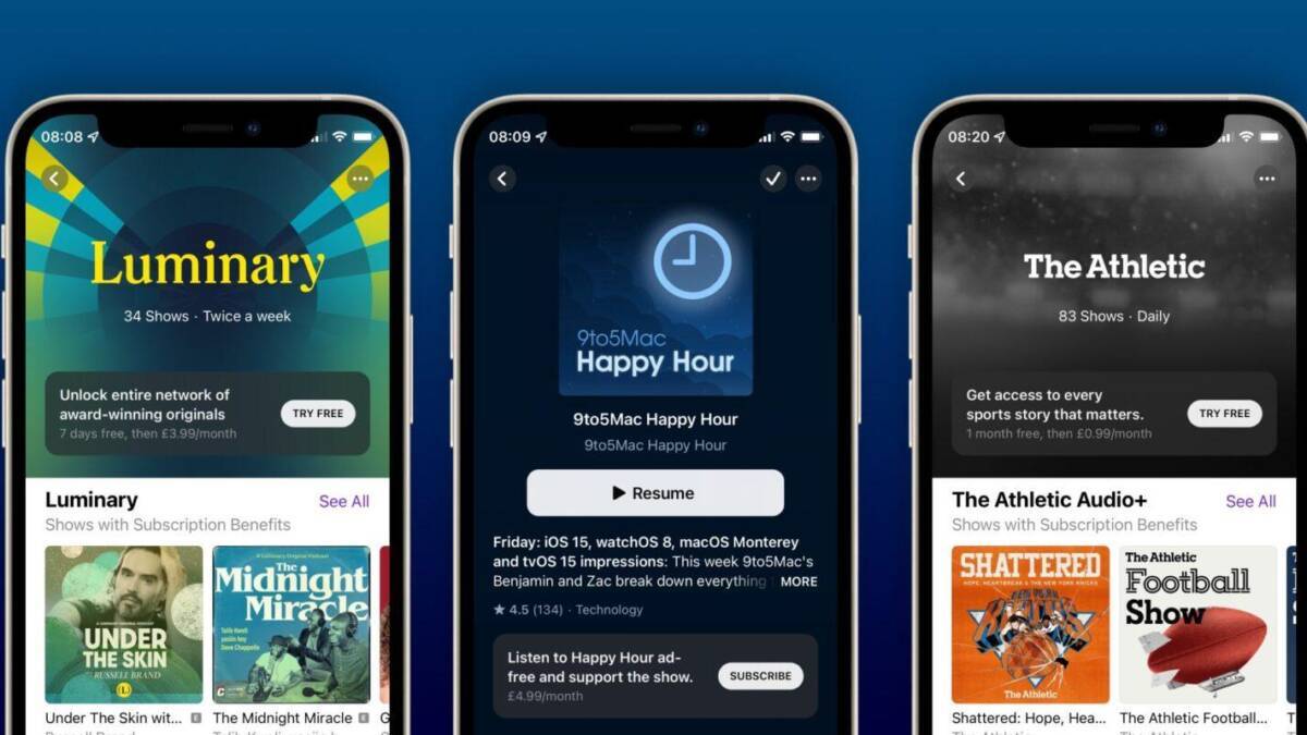 Экраны трех iPhone с приложениями подписок и подкастов