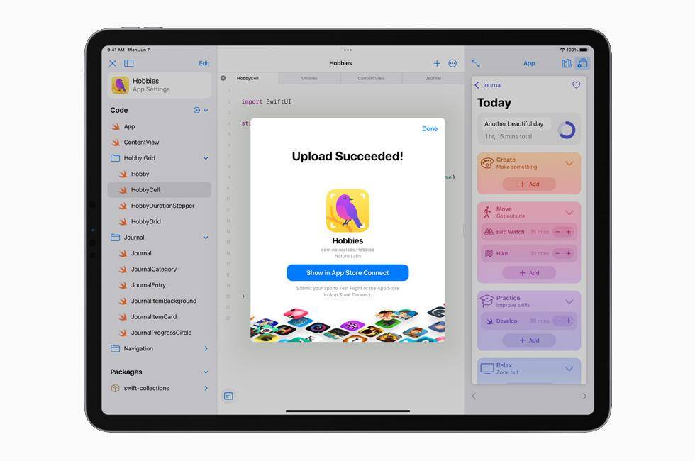 Apple представила новые технологии и инструменты для разработчиков приложений 16 Экран iPad с уведомлением об успешной загрузке приложения Hobbyies