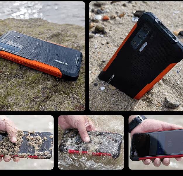 Защищённый смартфон Doogee S97 Pro на берегу с грязью и водой