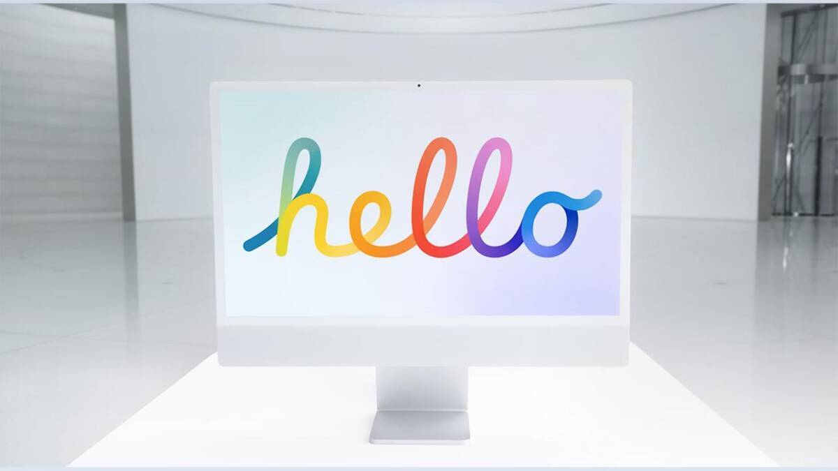 У нового Apple iMac 2021 неисправны подставки 3 Белый новый iMac 2021 с цветной надписью hello на экране