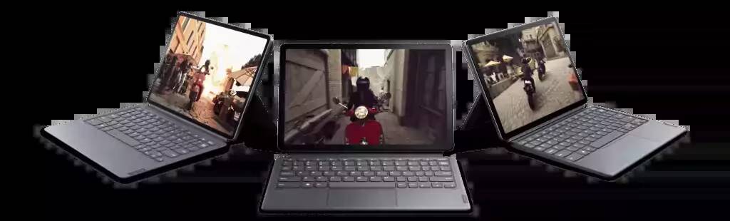 Три планшета Lenovo с складывающимися экранами и клавиатурой с разных ракурсов