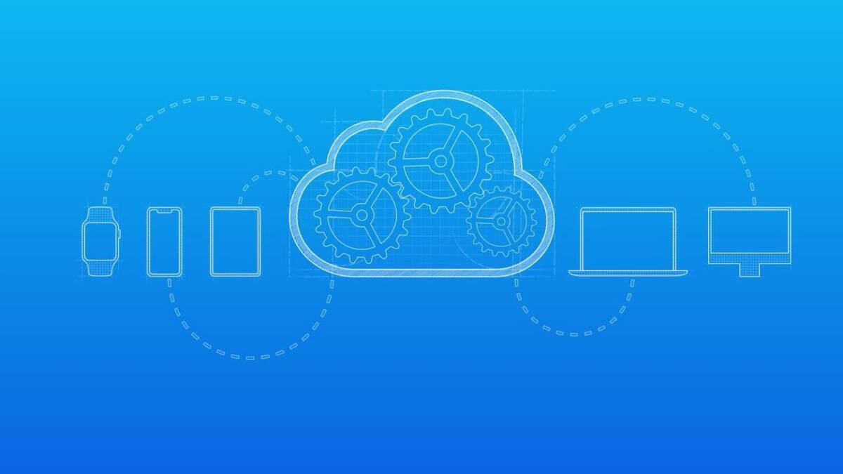 Экран облачной платформы Apple с иконками устройств iPhone и Mac для разработчиков приложений