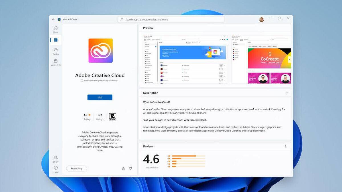 7 новых функций Windows 11, которых мы не ожидали 12 Интерфейс магазина Microsoft Store для Windows 11 с приложением Adobe Creative Cloud на фоне рабочего стола