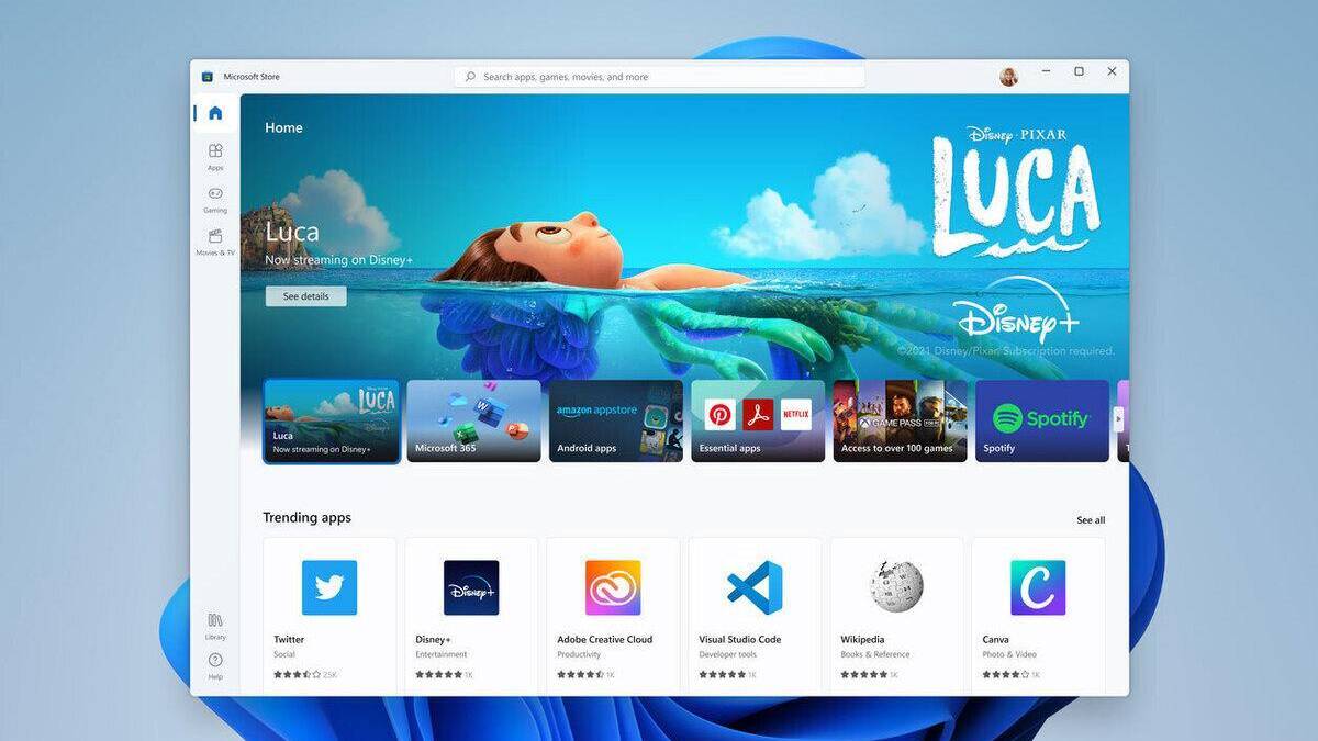 7 новых функций Windows 11, которых мы не ожидали 11 Экран Windows 11 с интерфейсом Магазина Microsoft и приложениями