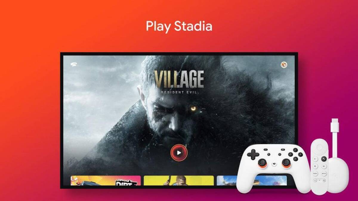 экран смартфона с интерфейсом Google Stadia на фоне градиента оранжевый и розовый