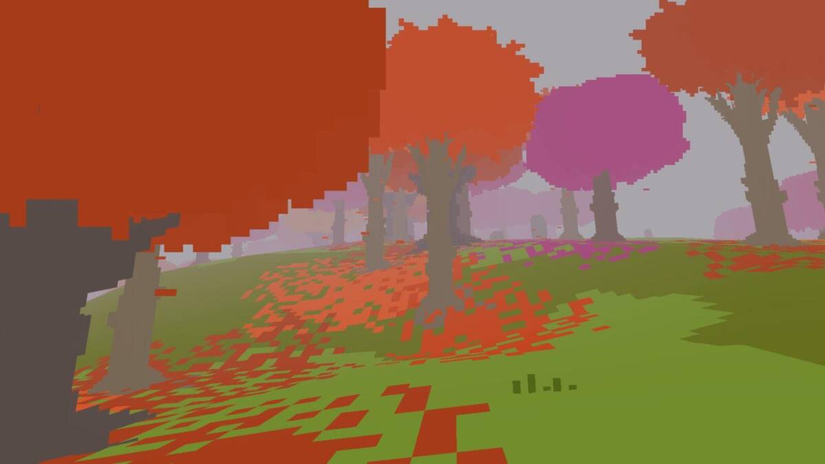 Изображение игрового мира Proteus с яркими деревьями и ландшафтом