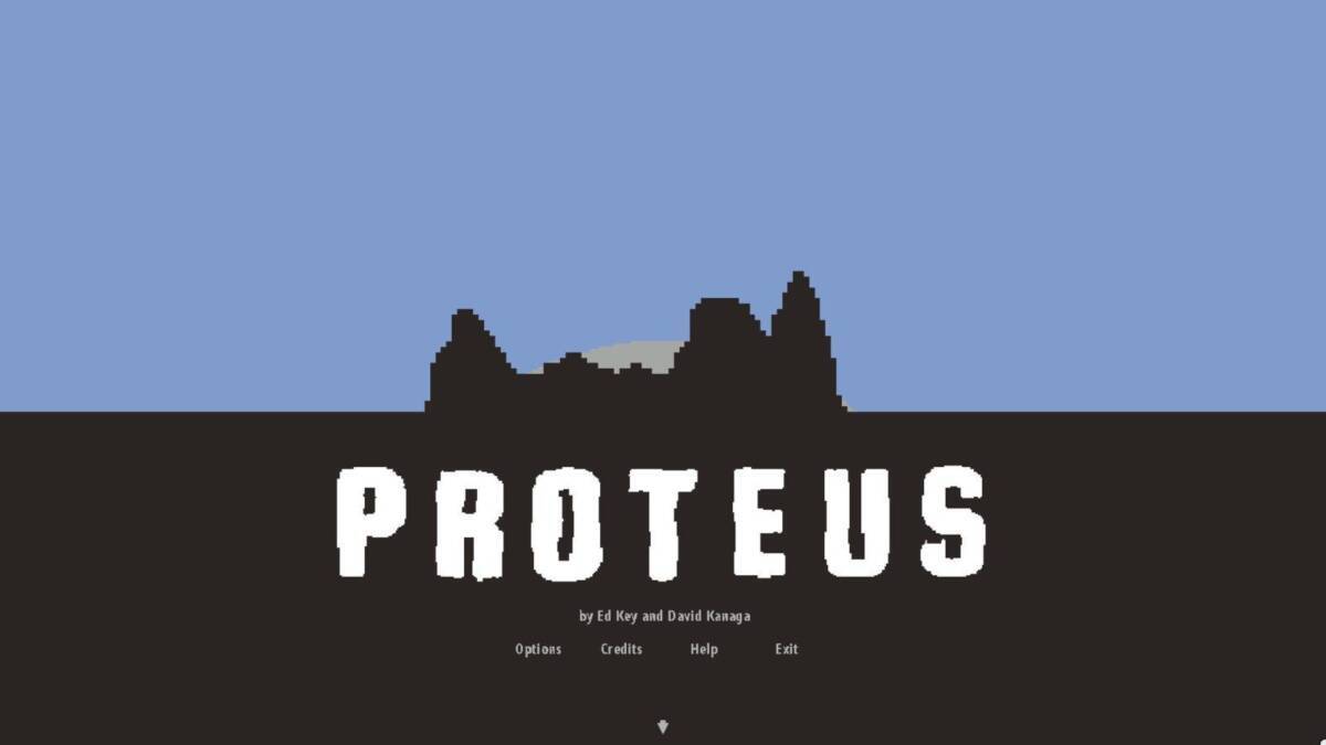 Главный экран Proteus: стартовая сцена с названием игры и пунктами меню