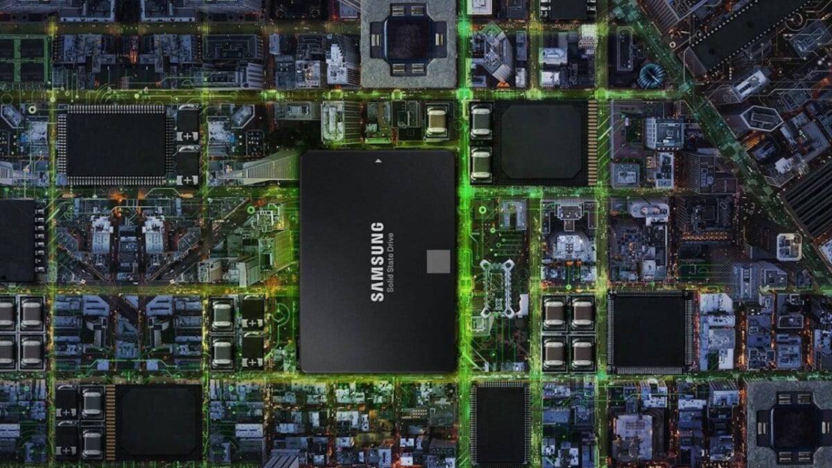 Внутренние компоненты микросхемы Samsung с зелёными линиями на схематичном изображении