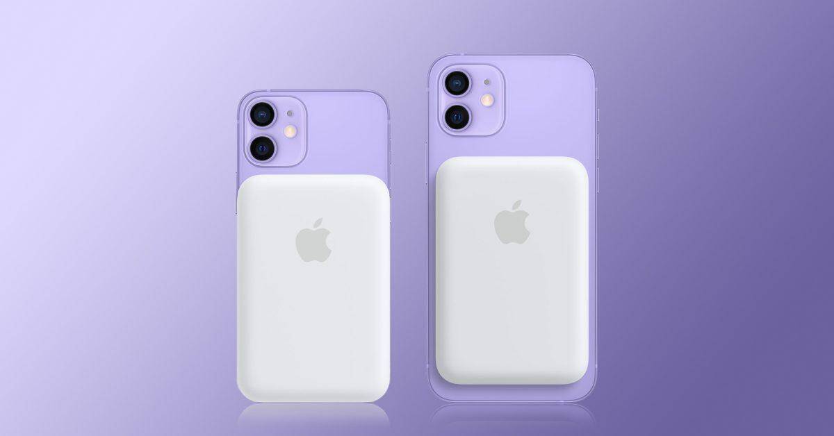 Два iPhone 12 с крышками MagSafe на фиолетовом фоне