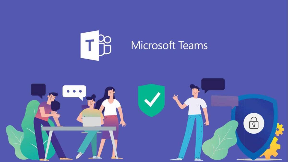 Иллюстрация командной работы в Microsoft Teams на фоне логотипа и shield с замком