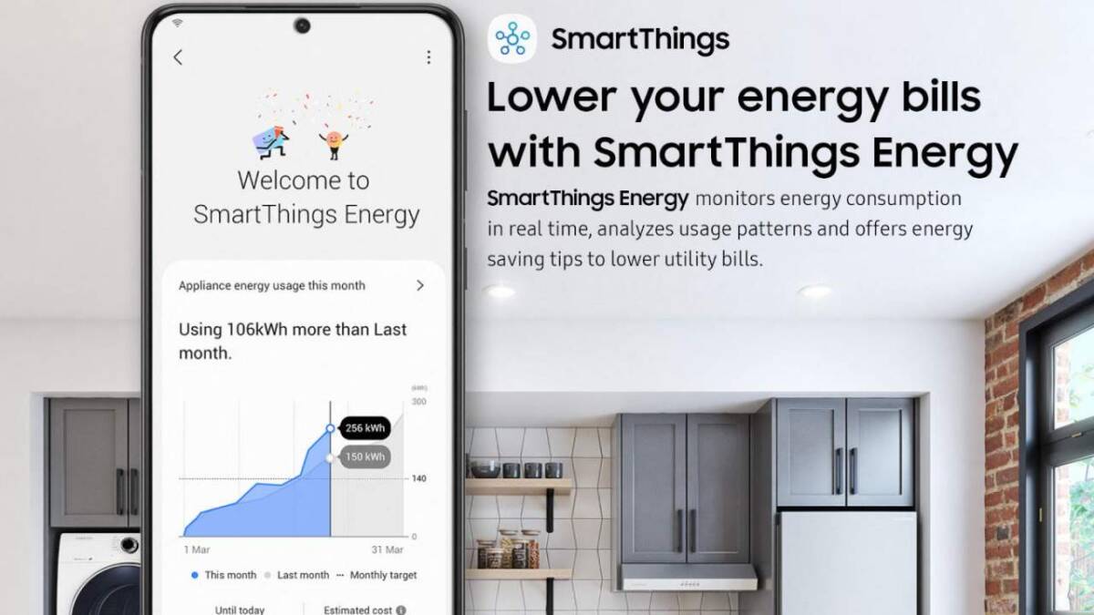 Samsung SmartThings Energy может контролировать потребление энергии и экономить 3 Экран смартфона с приложением SmartThings Energy на фоне кухни