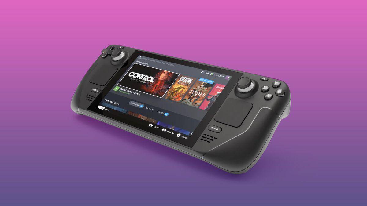 Портативная игровая консоль Valve Steam Deck с экраном и геймпадом на розово-фиолетовом градиенте