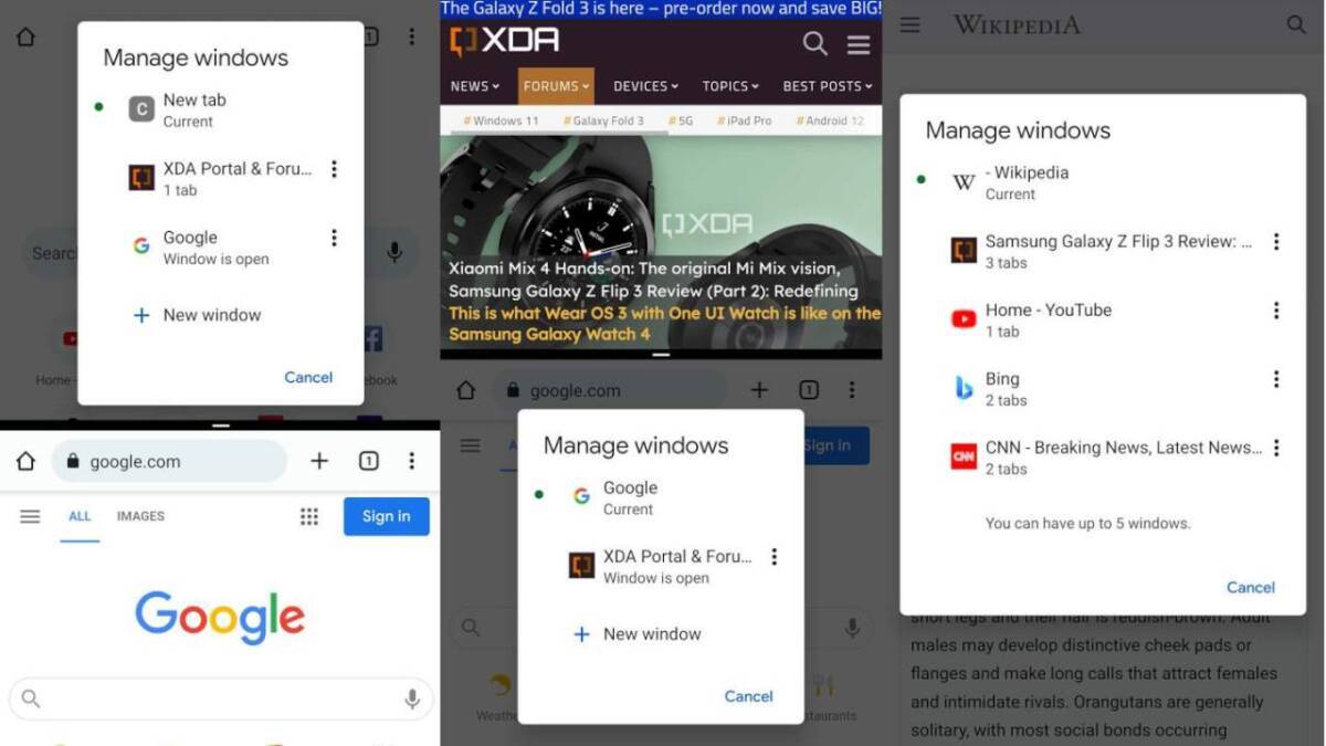 Несколько окон браузера Google и XDA портал на Android 12