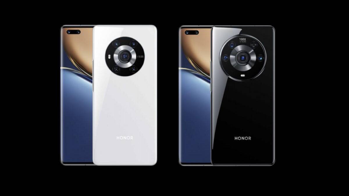 Два смартфона Honor Magic3 с круглыми модулями камер на черном фоне