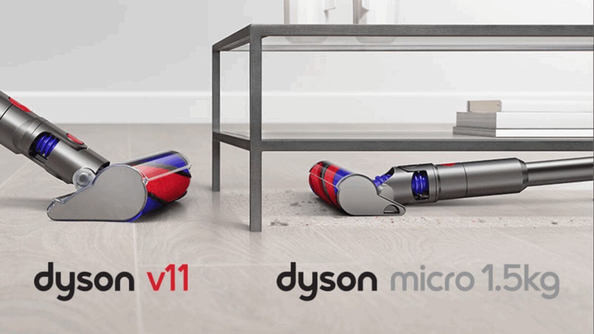 Dyson выпустил новые пылесосы с технологией лазерного обнаружения невидимой пыли 11 Два беспроводных пылесоса Dyson V11 и Micro 1.5kg на полу и под столом